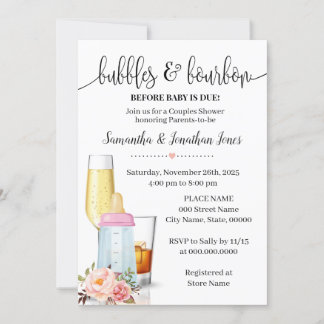 Bubbles & Bourbon Before Baby Due Pink Baby Shower Invitation