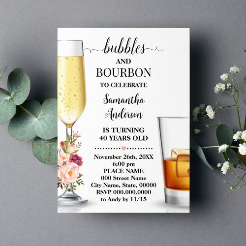 Bubbles  Bourbon Pink Flowers Adults Birthday Invitation