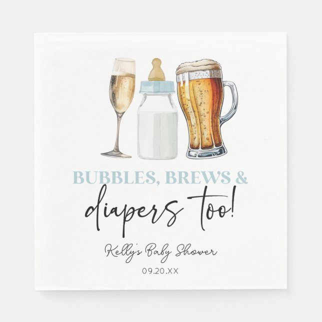 Bubbles Brews and Diapers Too! Baby Shower Napkins (Front)