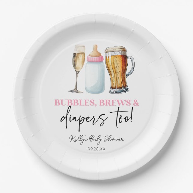Bubbles Brews and Diapers Too! Baby Shower Paper Plates (Front)
