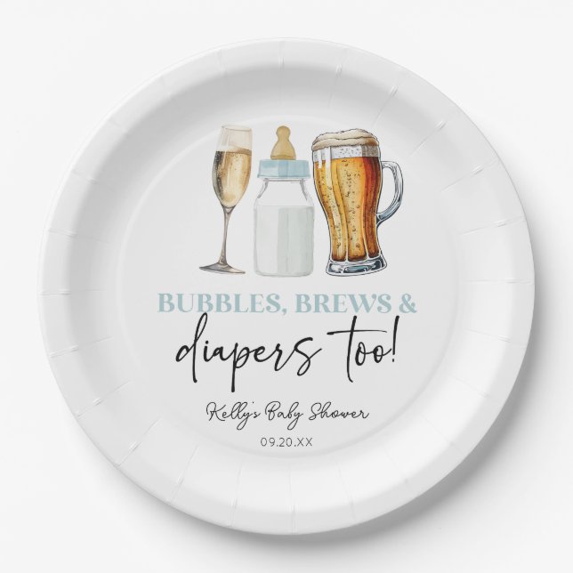 Bubbles Brews and Diapers Too! Baby Shower Paper Plates (Front)