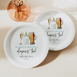 Bubbles Brews and Diapers Too! Baby Shower Paper Plates