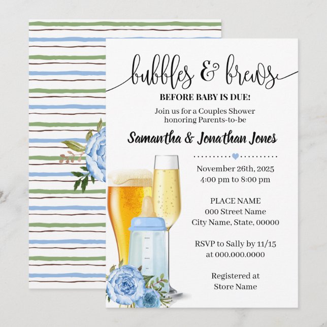 Bubbles & brews before baby due blue baby shower invitation (Front/Back)