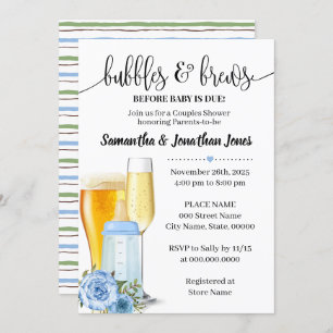 Bubbles & brews before baby due blue baby shower invitation