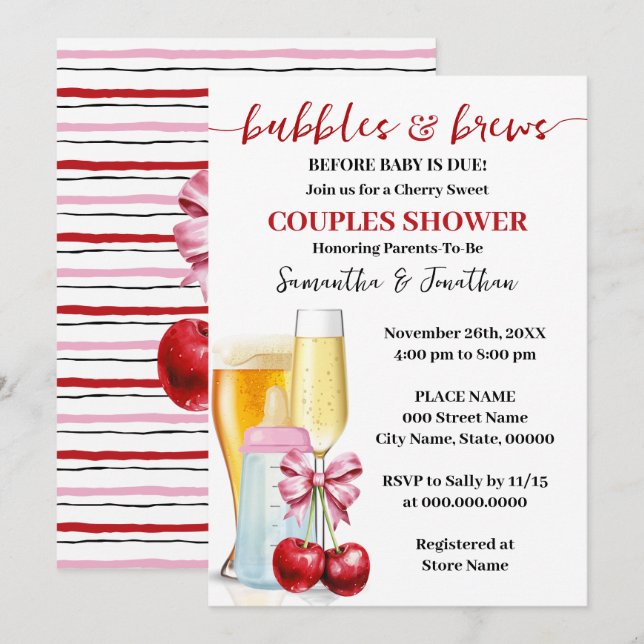 Bubbles & Brews before baby due Cherry Baby Shower Invitation (Front/Back)