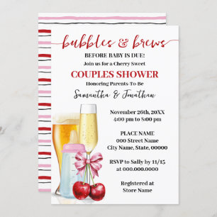 Bubbles & Brews before baby due Cherry Baby Shower Invitation