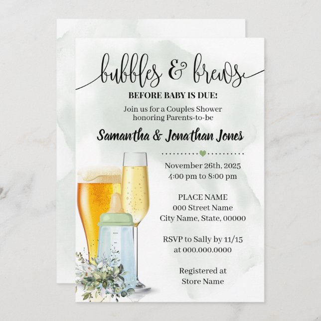 Bubbles & brews before baby due Eucalyptus shower Invitation (Front/Back)