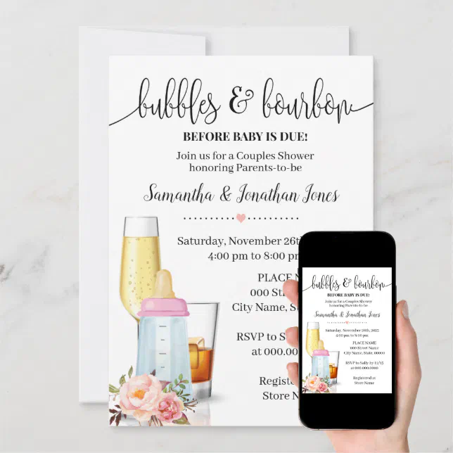 Bubbles & Brews Before Baby Due Pink Baby Shower Invitation Zazzle
