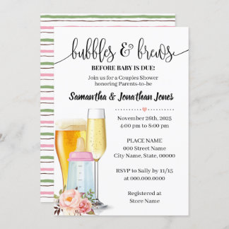 Bubbles & brews before baby due pink baby shower invitation