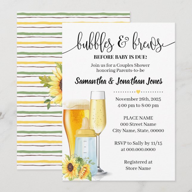 Bubbles & brews before baby due yellow baby shower invitation (Front/Back)