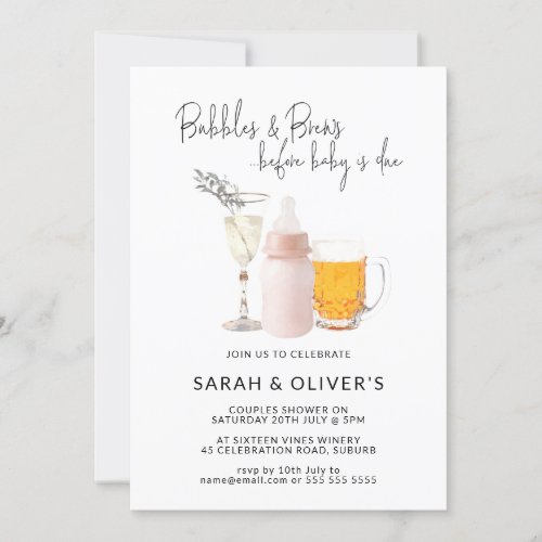 Bubbles  Brews Before Baby Pink Couples Shower  Invitation
