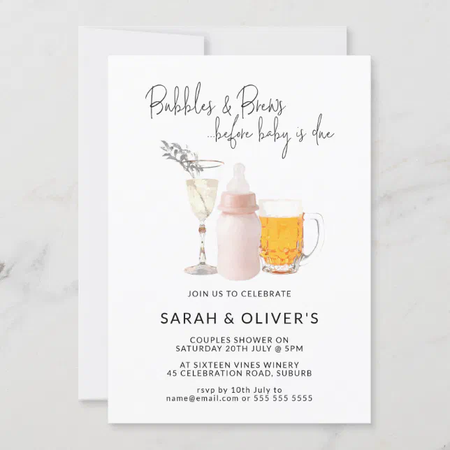 Bubbles & Brews Before Baby Pink Couples Shower Invitation Zazzle