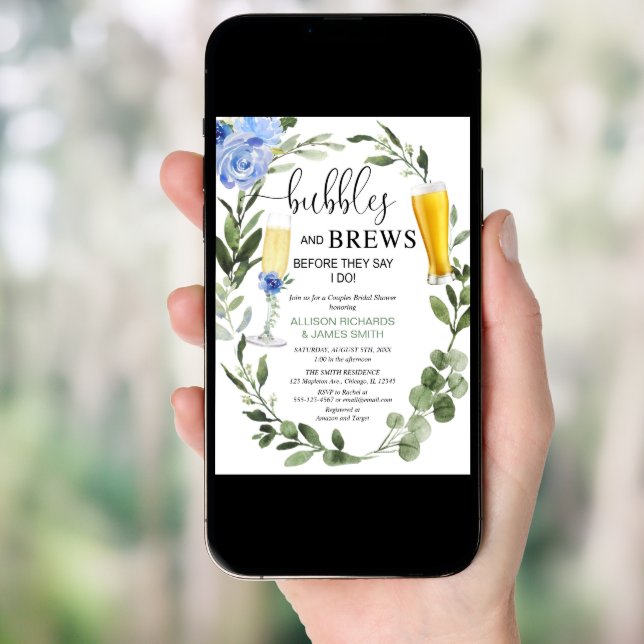 Bubbles Brews blue greenery couples bridal shower Invitation (Front Digital)