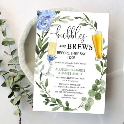 Bubbles Brews blue greenery couples bridal shower Invitation