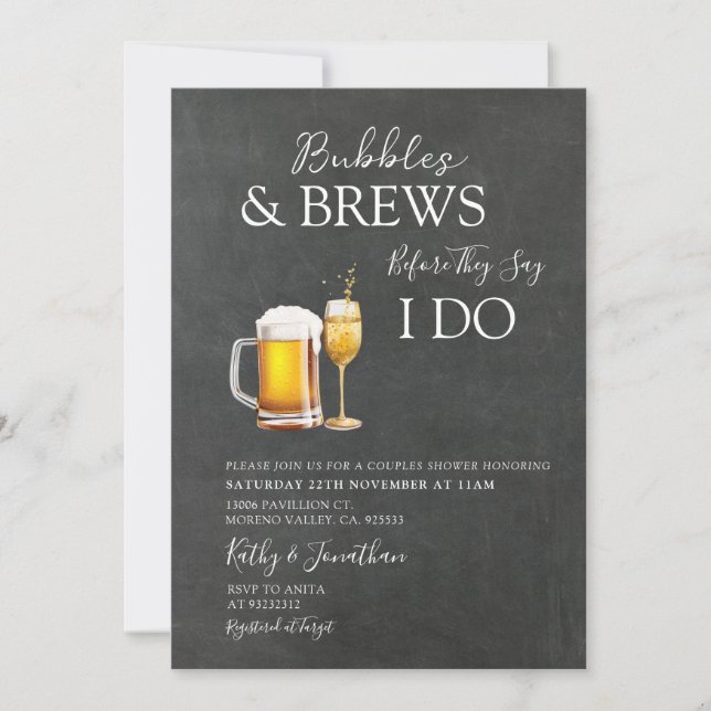 Bubbles & Brews Cocktail Chalkboard Couples Shower Invitation (Front)
