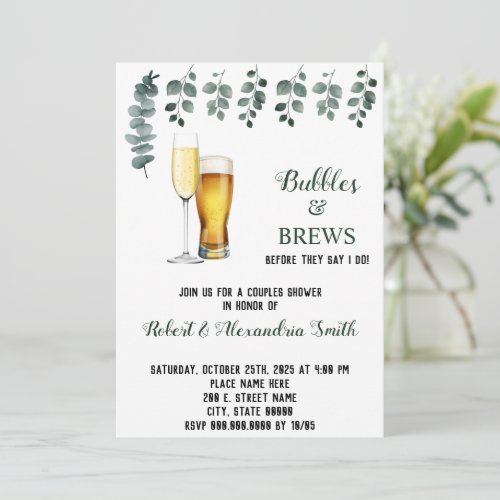 Bubbles  Brews Couples Wedding Shower Eucalyptus Invitation