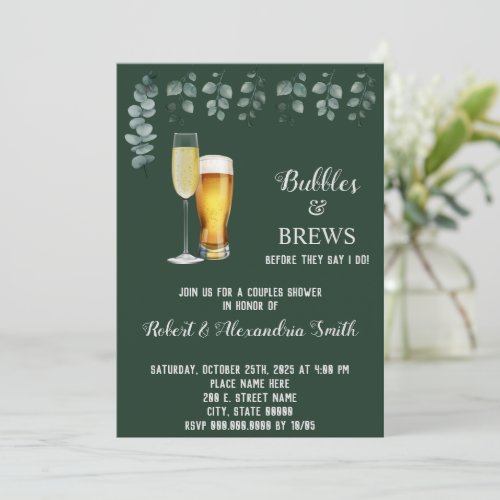 Bubbles  Brews Couples Wedding Shower Eucalyptus Invitation