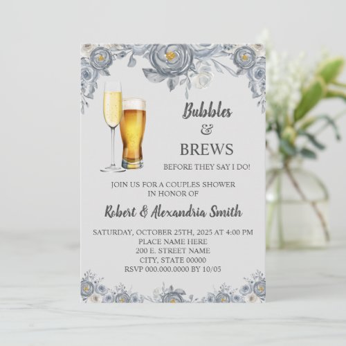 Bubbles  Brews Couples Wedding Shower Grey Floral Invitation