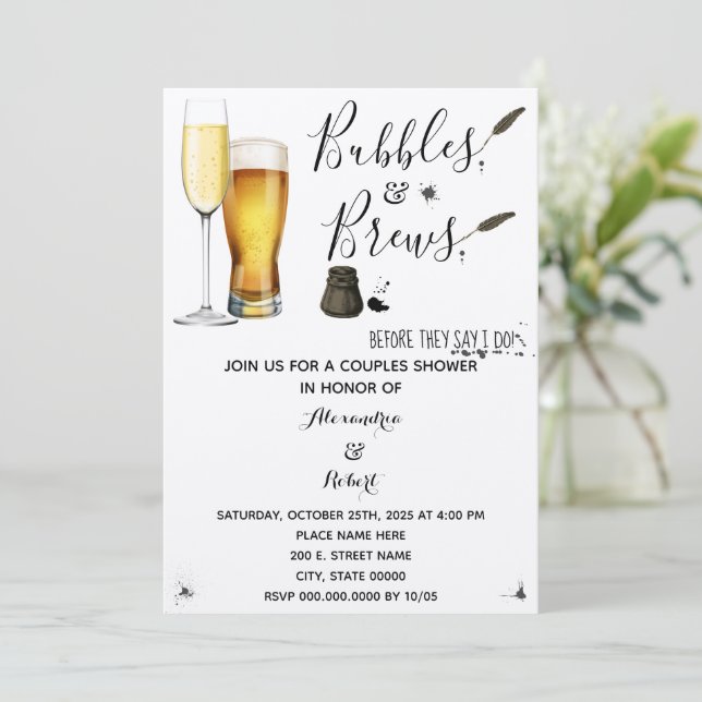 Bubbles & Brews Couples Wedding Shower  Invitation (Standing Front)