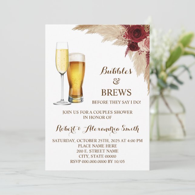 Bubbles & Brews Couples Wedding Shower Pampas Invitation (Standing Front)