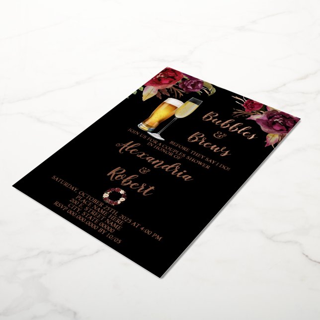 Bubbles & Brews Couples Wedding Shower Rose Gold Foil Invitation (Rotated)