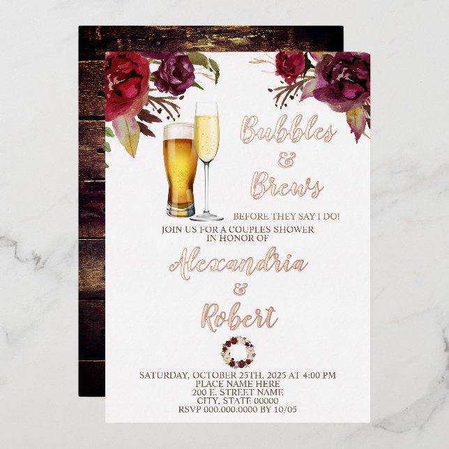 Bubbles & Brews Couples Wedding Shower Rose Gold Foil Invitation (Front/Back)