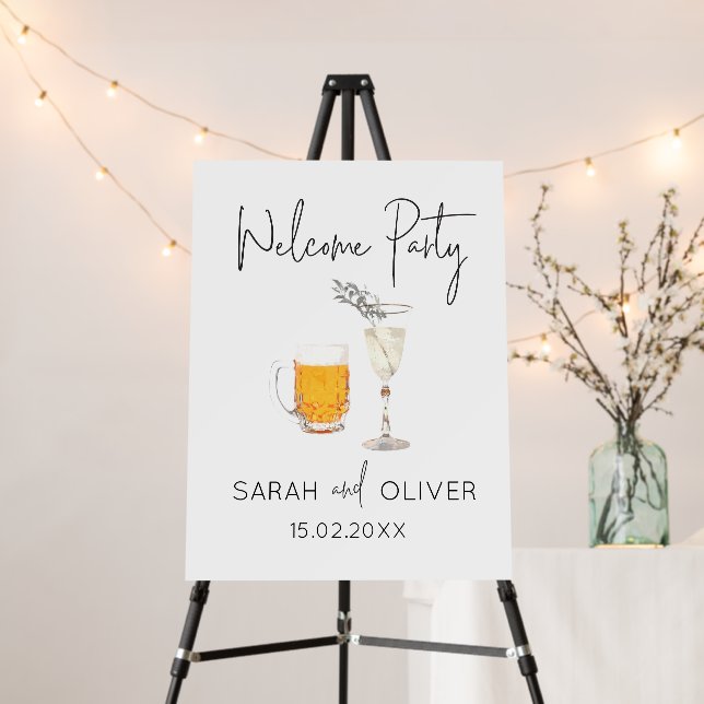 Bubbles & Brews Minimalist Welcome Party Sign (In Situ (Stand))