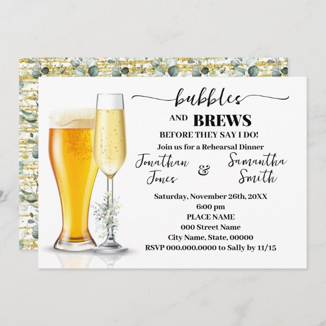 Bubbles & Brews Rehearsal Dinner Eucalyptus & Gold Invitation (Front/Back)