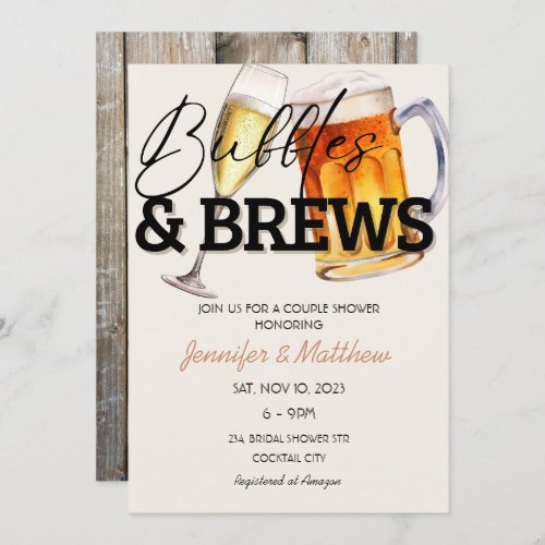 Bubbles Brews Rustic Wood Beer Couples Shower  Invitation