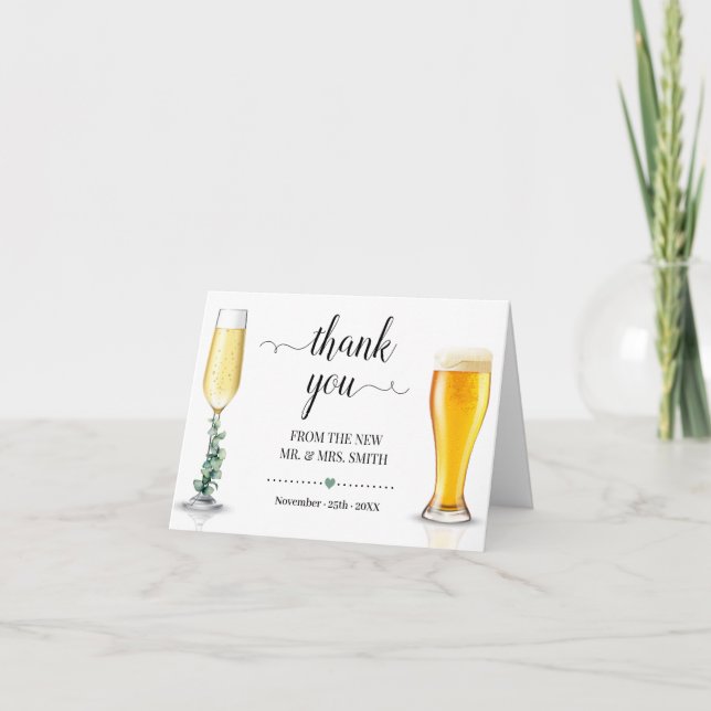Bubbles & Brews Wedding Folded Letterpress Thank You Card (Front)