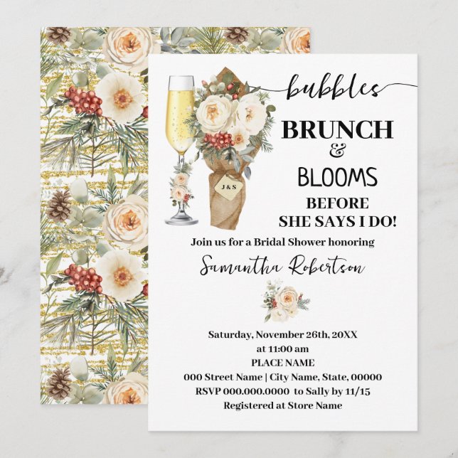 Bubbles Brunch & Bloom Bridal Shower Winter Floral Invitation (Front/Back)