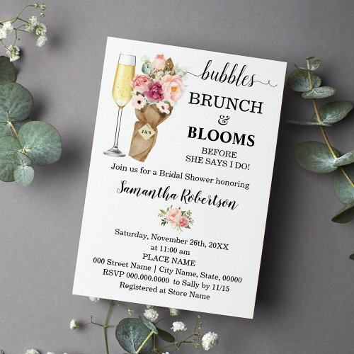 Bubbles Brunch  Blooms Bridal Shower Pink flowers Invitation