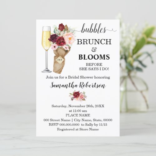 Bubbles Brunch  Blooms Marsala Bridal Shower Invi Invitation