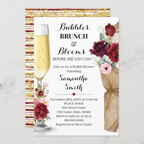 Bubbles Brunch  Blooms Marsala Bridal Shower Invi Invitation