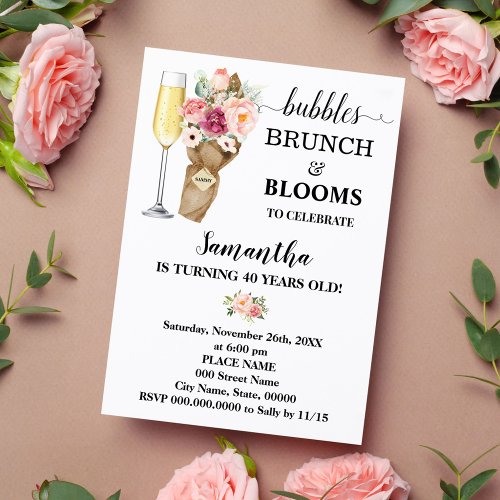 Bubbles Brunch  Blooms Pink Flowers Birthday Invitation
