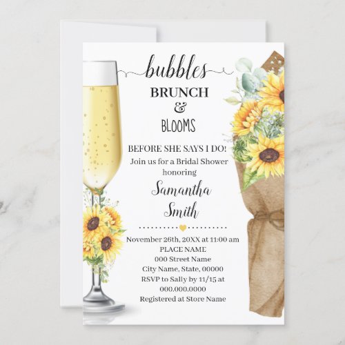 Bubbles Brunch  Blooms Sunflowers Bridal Shower Invitation