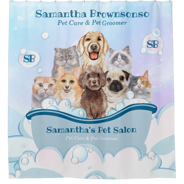 Bubbles Dogs Cats Spa Bathtub Blue Pet Grooming Shower Curtain (Front)