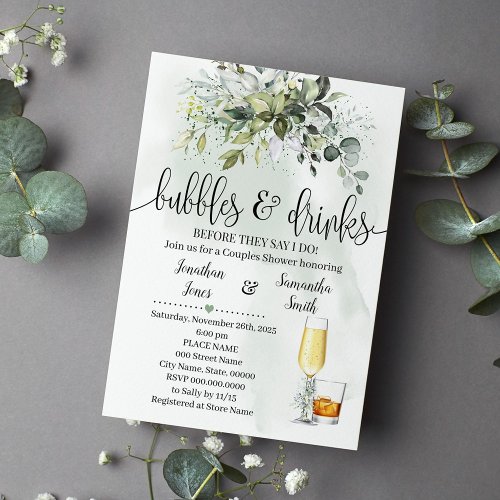Bubbles  Drinks Bridal Shower Eucalyptus Greenery Invitation