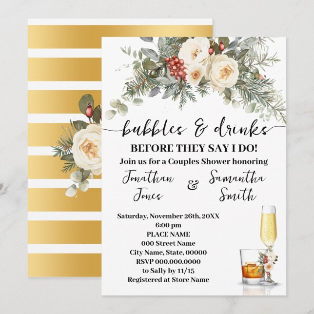 Bubbles & Drinks Bridal Shower Winter Floral Invitation (Front/Back)