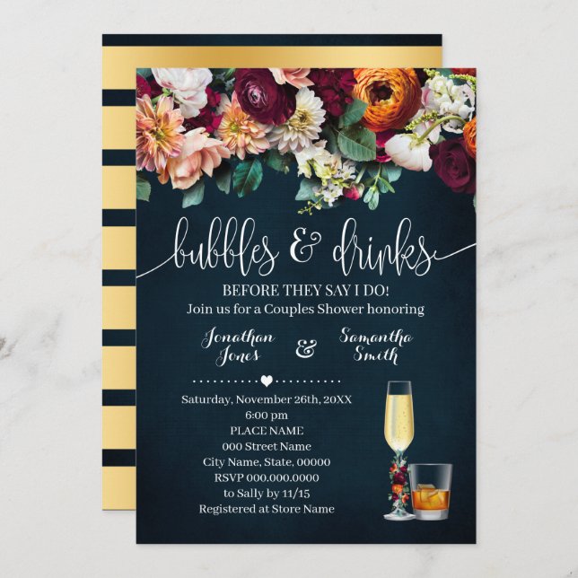 Bubbles & Drinks Couples Shower Wine Flowers Blue Invitation (Front/Back)