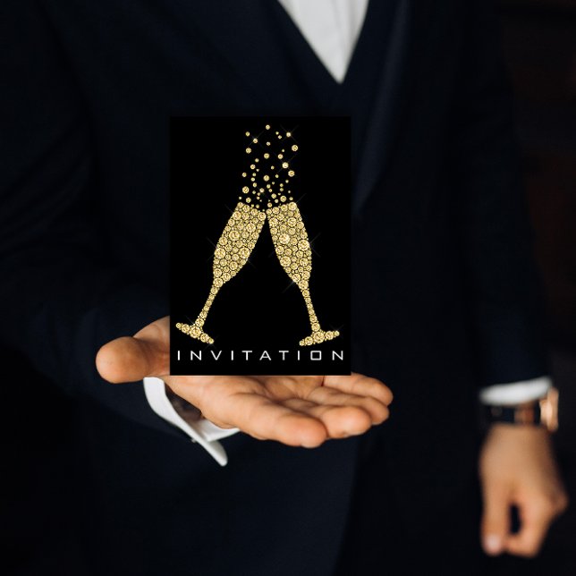 Bubbles Glasses Champagne Cocktail Gold Crystals Invitation (Bubbles Glasses Champagne Cocktail Gold Crystals Invitation)