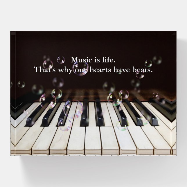 Bubbles on Piano Keyboard with Quote Paperweight (Front)