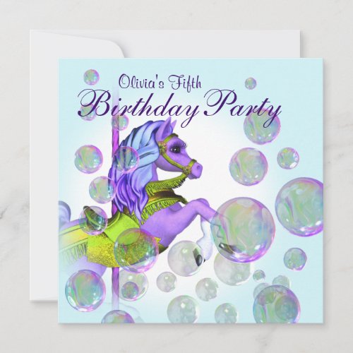Bubbles Purple Carousel Pony Girls Birthday Party Personalized Announcement