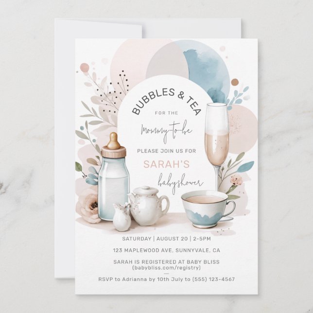Bubbles & Tea Baby Shower Invitation for Mom to be (Front)