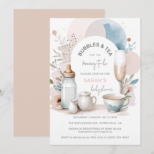 Bubbles & Tea Baby Shower Invitation for Mom to be (Front/Back)