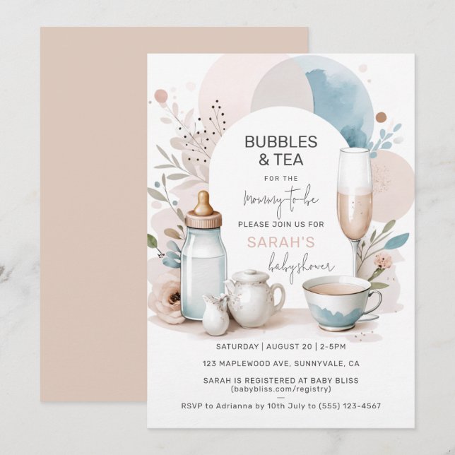Bubbles & Tea Baby Shower Invitation for Mom to be (Front/Back)