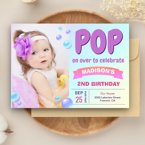 Bubbles Theme Girls Photo Bubble Birthday Party Invitation