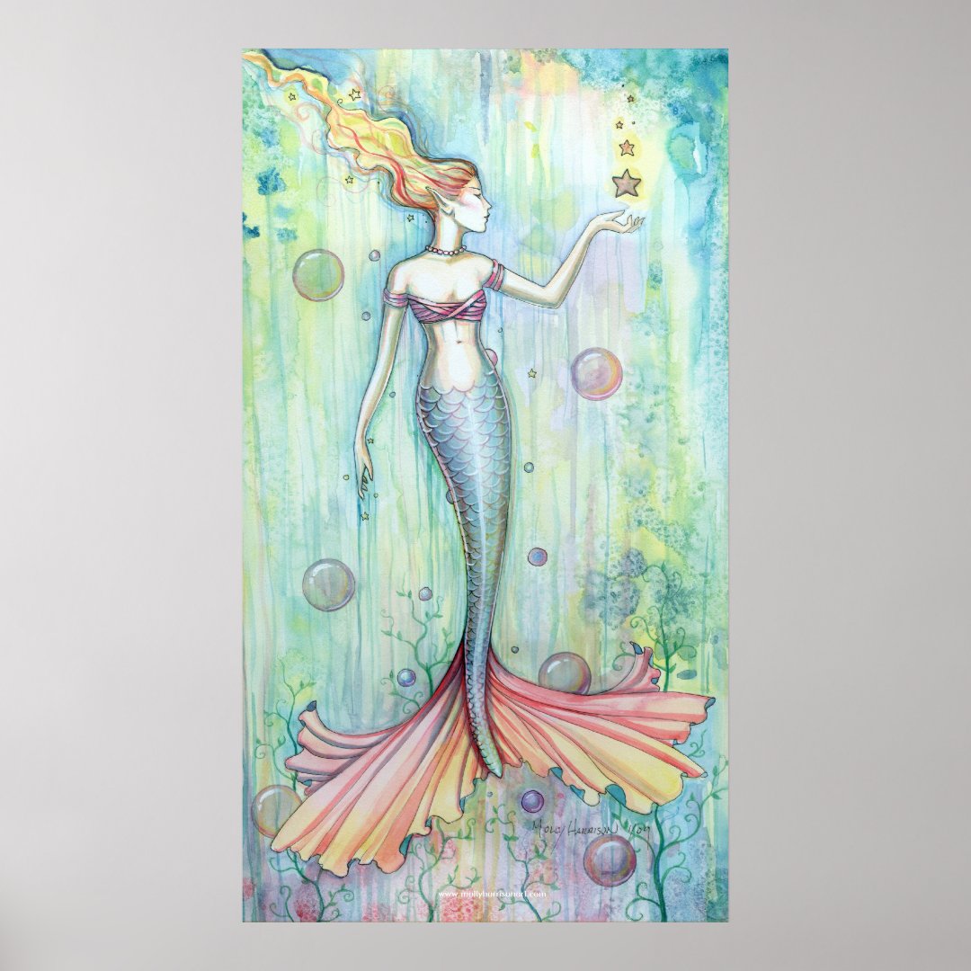 Bubbles Watercolor Mermaid Poster Print | Zazzle