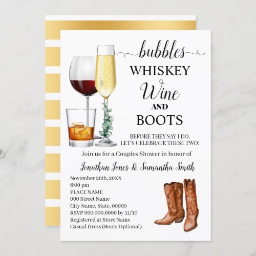 Bubbles Whiskey Wine  Boots Couples Shower Invitation