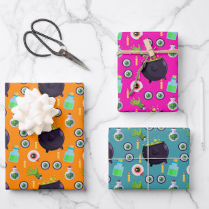 Bubbling Cauldron Magic Potion Eyeballs Halloween Wrapping Paper Sheets